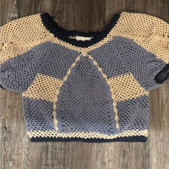 Cleobella Tops - Cleobella Crochet Crop Top - Blue and Tan